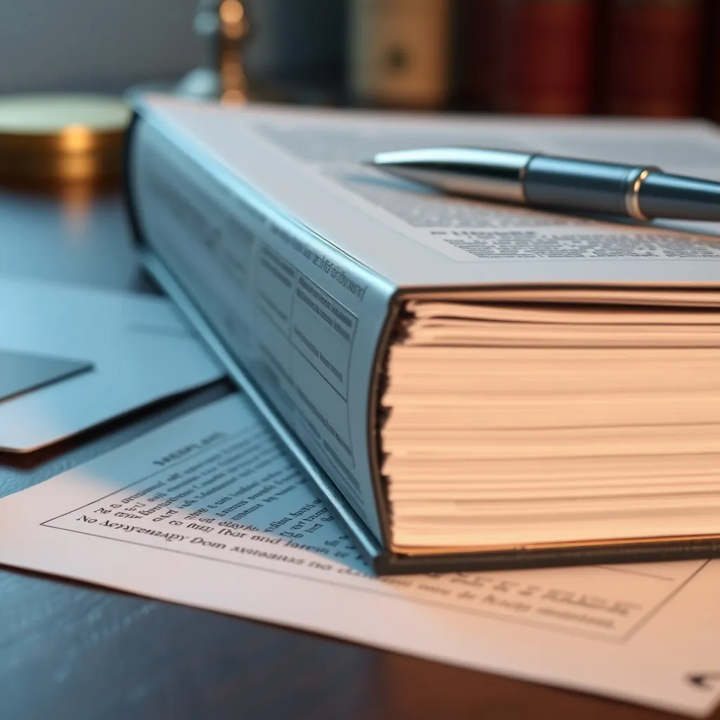 A close-up of a thick legal book or contract documents on a