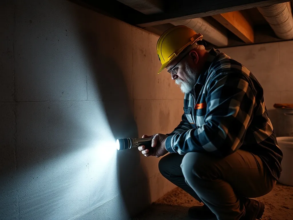 Professional building inspector checking a concrete foundati