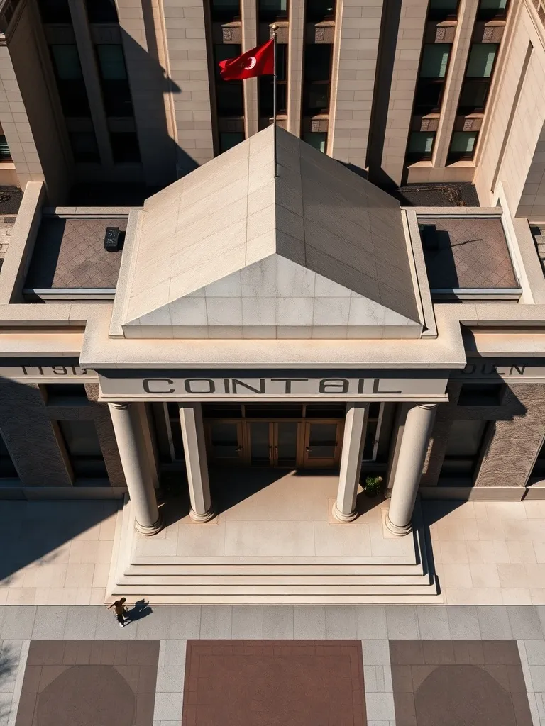 A high-angle architectural shot of a Montreal courthouse or