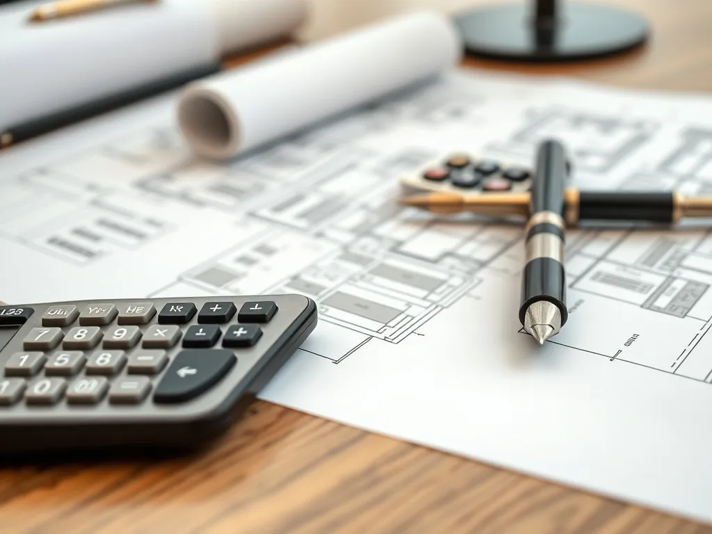 Close up of a calculator, architectural blueprints, and a fo